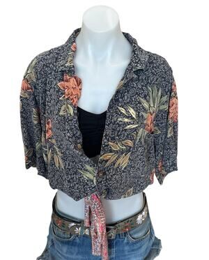 Hawaiian Shirt Button Down Crop Top One Size Silk Hibiscus Oversized Parrothead